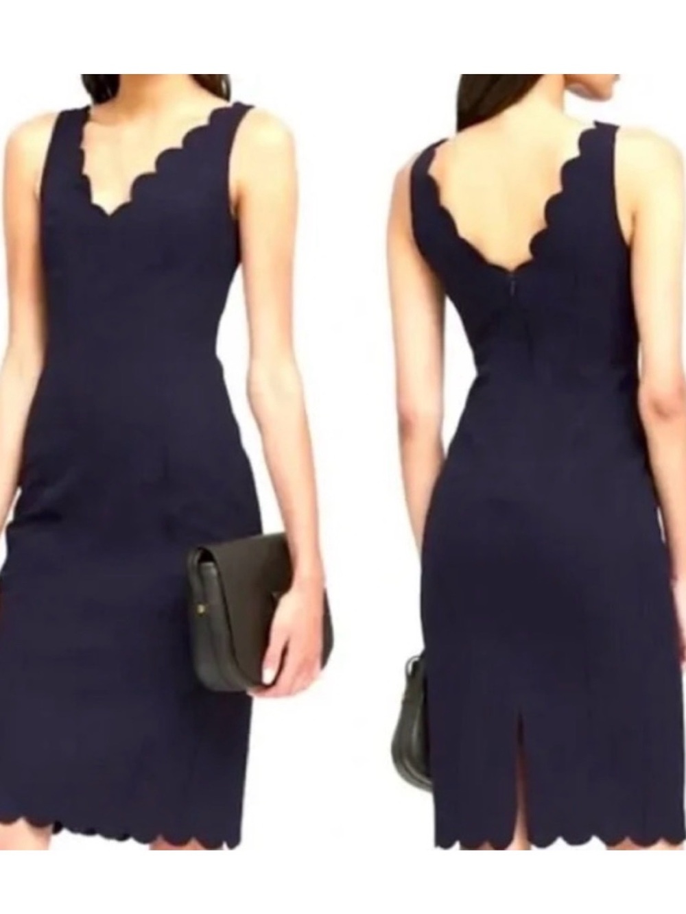 Banana Republic Navy Scalloped V-Neck Midi Dress